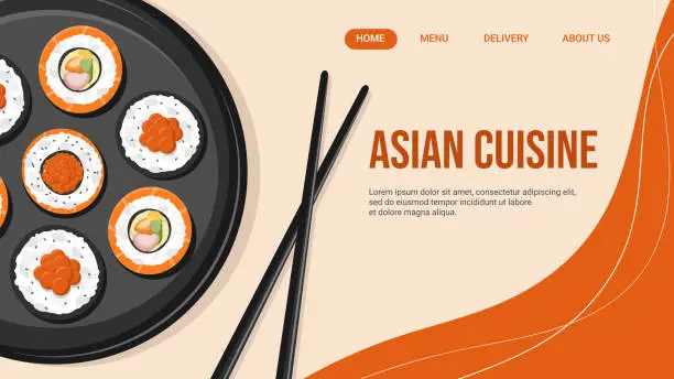 Vector illustration of Landing page for Asian food delivery restaurant, sushi and rolls. Vector