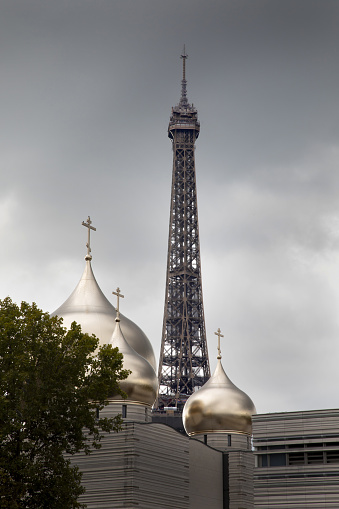 The Eiffel tower and the russian orthodox cathedral in Paris France