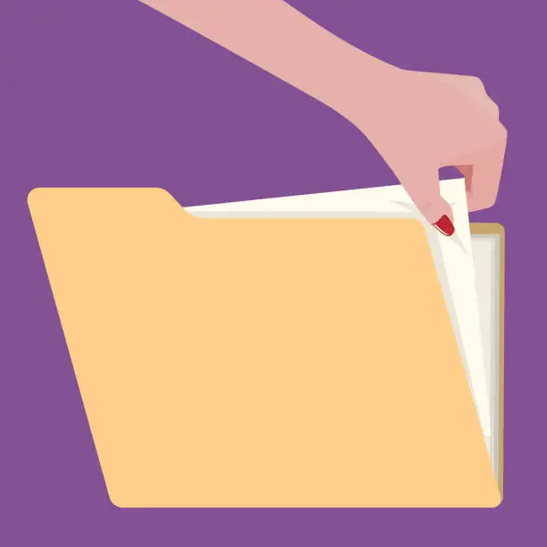 Vector illustration of A female hand picking a document from a folder