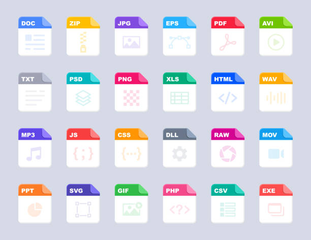 File type icons. File formats in flat design. File and documents extensions. Icons for ui. Vector illustration. File type icons. File formats in flat design. File and documents extensions. Icons for ui. Vector illustration. toronto international film festival stock illustrations