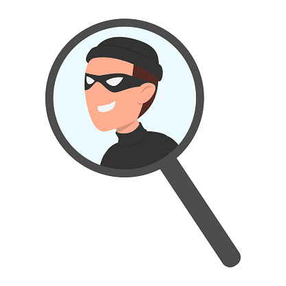 Fraudster, hacker, thief, criminal. Under a magnifying glass. disclosure of the scammer. Corruption, cyber attack, web fraud, bank security issue. Flat style, vector.