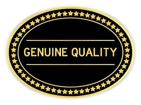 Black and gold color oval label sticker with word genuine quality on white background