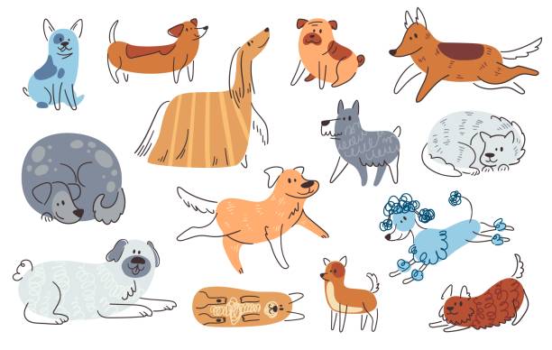 예쁜 개를 윤곽을 그립니다. 낙서 액션 강아지 수채화 라인 개 재미 있은 아이 애완 동물 만화 귀여운 동물, 미소 그리기 래브라도 그림 애완 동물 디자인, 독창적 인 벡터 일러스트 레이 션 설정 - purebred dog illustrations stock illustrations