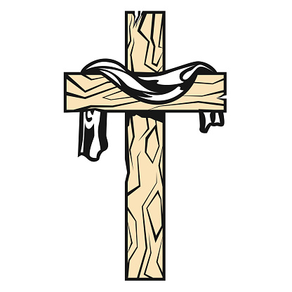 Cross with fabric on it, resurrection after crucifixion of Jesus, christianity symbol, vector
