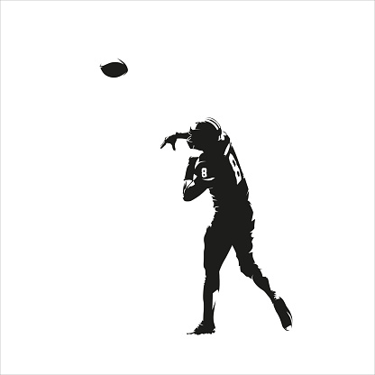 Football player throws ball, isolated vector silhouette, ink drawing, rear view