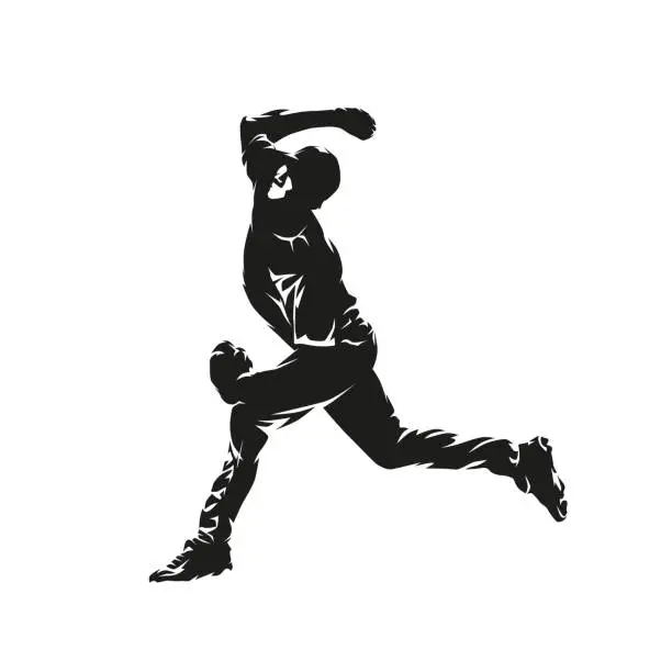 Vector illustration of Baseball player throwing ball, isolated vector silhouette, ink drawing. Side view. Team sport athlete