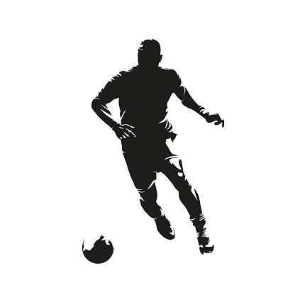 Soccer player running with ball, isolated vector silhouette, front view. Footballer ink drawing, striker