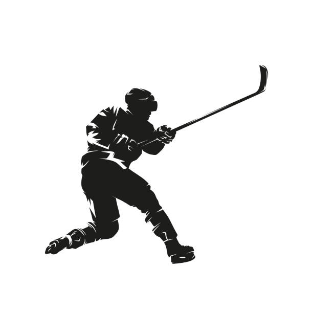 illustrations, cliparts, dessins animés et icônes de joueur de hockey tirant la rondelle, silhouette vectorielle isolée, dessin à l’encre. vue latérale. sport d’équipe hivernal de hockey sur glace - ice hockey illustrations