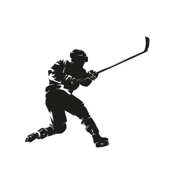 Vector illustration of Hockey player shooting puck, isolated vector silhouette, ink drawing. Side view. Ice hockey winter team sport