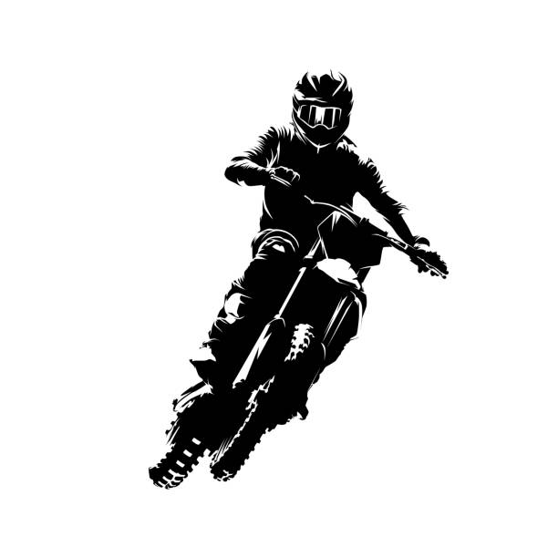 wyścigi motocrossowe, zawodnik motocrossowy skaczący na motocyklu, izolowana sylwetka wektorowa, widok z przodu. rysunek tuszem, freestyle motocross - motorcycle biker riding motorcycle racing stock illustrations