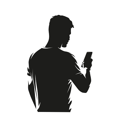 Cell phone. A man is holding a mobile phone and typing a message or controlling an app on a touch screen. Smart device