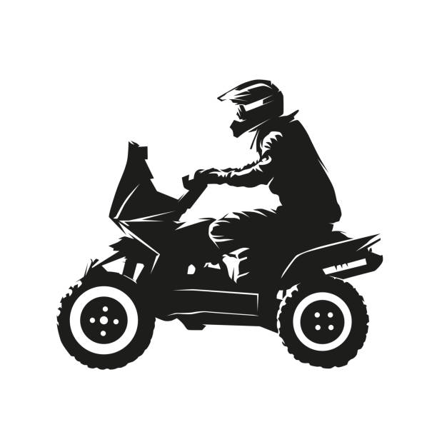 quadbike izolowana sylwetka wektorowa, wyścigi atv. rajd z logo quad, widok z boku - off road vehicle quadbike quad racing motocross stock illustrations