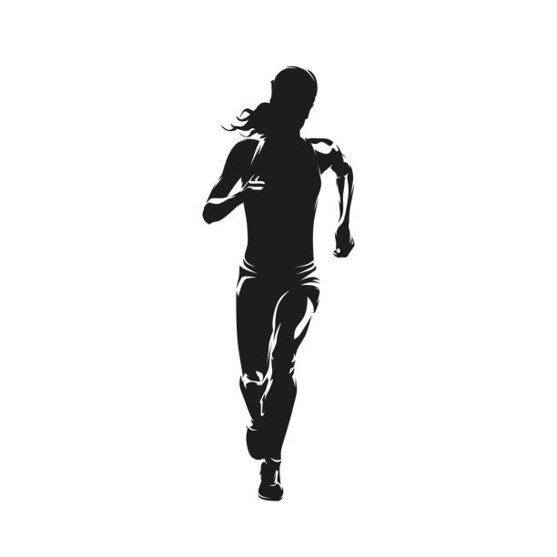 biegnąca kobieta, widok z przodu, izolowana sylwetka wektorowa, rysunek tuszem. bieganie, lekkoatletyka - slim women silhouette exercising stock illustrations