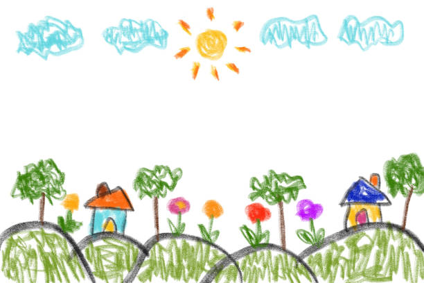 istock Kids children child paint drawing drawn cartoon hand drawn doodle background white space 1447944687