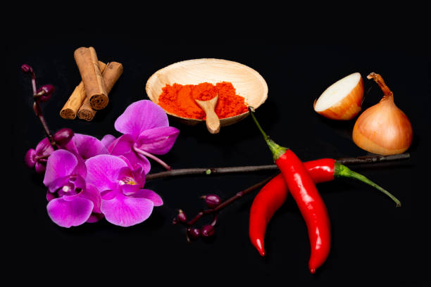 una collezione di ingredienti indonesiani della cucina asiatica. - mortar and pestle herb coriander seed cilantro foto e immagini stock