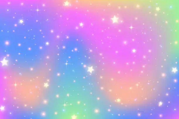 Vector illustration of Rainbow fantasy background. Holographic bright illustration. Cute cartoon girly backdrop. Multicolored sky with stars. Vector.