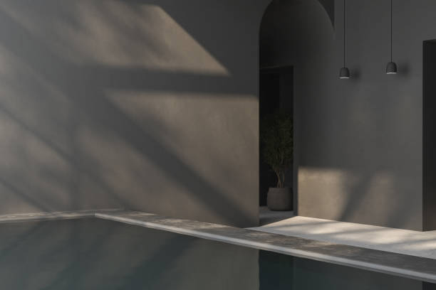 istock Empty room with black walls, white concrete floor and soft skylight from window, pool, simple minimalist interior architecture background with copy-space, 3d illustration 1447948409