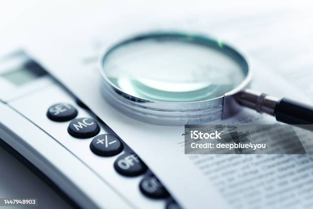 Magnifying Glass Calculator On Paper Stock Photo - Download Image Now - Analyzing, Bank Account, Banking