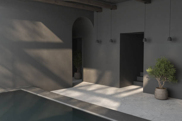 Empty room with black walls, white concrete floor and soft skylight from window, pool, simple minimalist interior architecture background with copy-space, 3d illustration