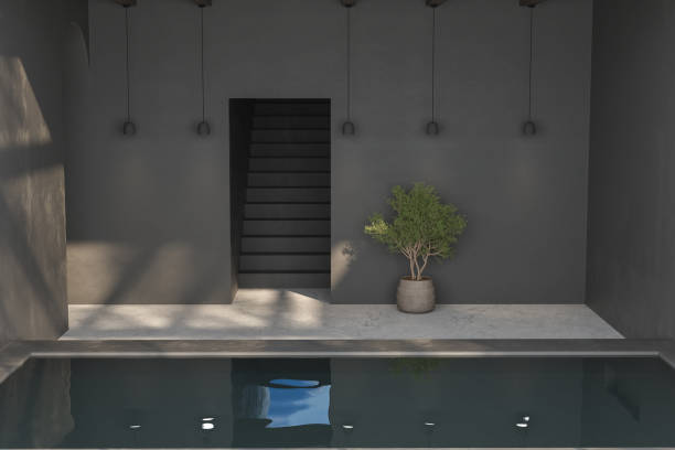 istock Empty room with black walls, white concrete floor and soft skylight from window, pool, simple minimalist interior architecture background with copy-space, 3d illustration 1447949083
