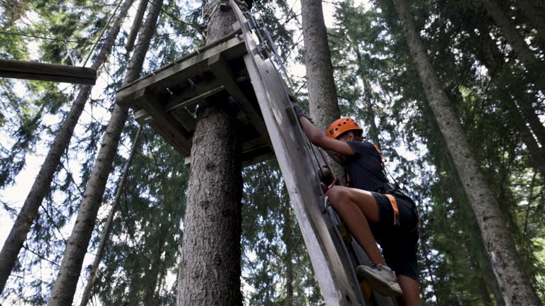 Teenage boy having fun in ropes course adventure park