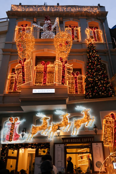 Luwi House Coffees Christmas Lights and Ornaments in The Shape of Deers at Outdoor in Istanbul stock photo