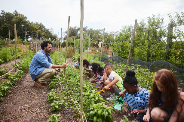 istock Teacher supervising his students digging in a garden during a field trip 1447955956