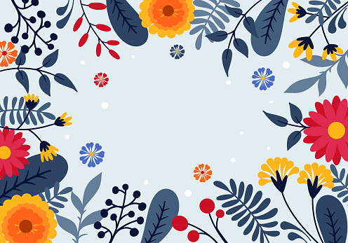 flat floral background in blue tones with bright accents