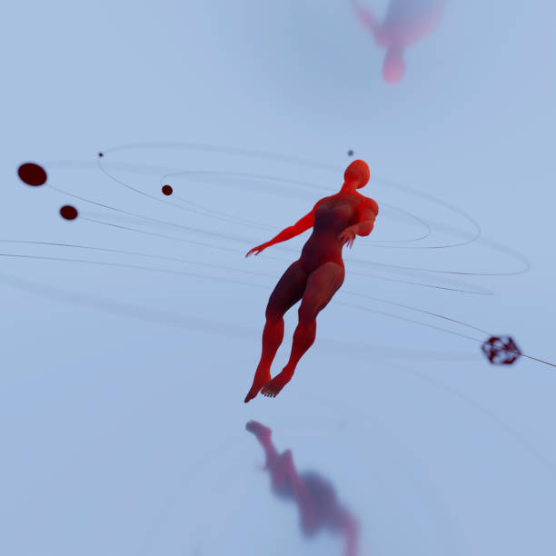 istock Surreal translucent human body levitating in infinite space with reflections, 1447956717