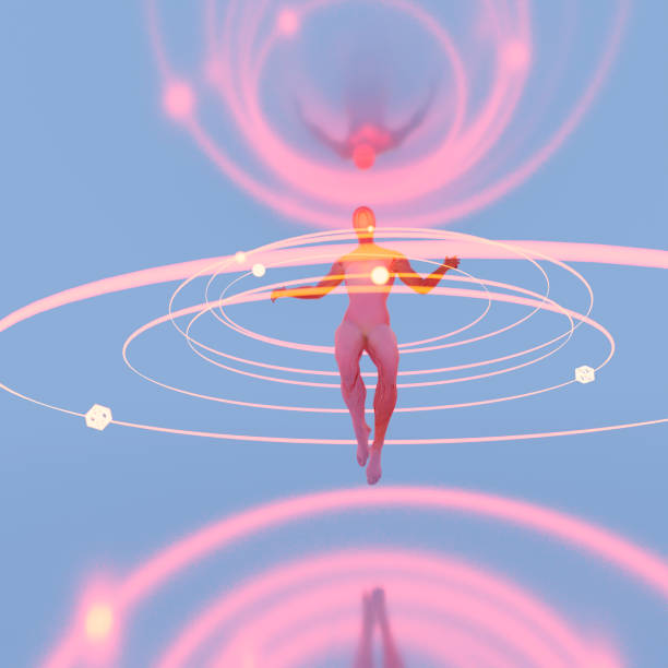 Surreal translucent human body levitating in infinite space with reflections, stock photo