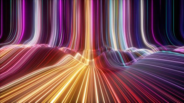 istock 3d render, abstract background with wavy neon lines. Trendy wallpaper with colorful spectrum 1447956741