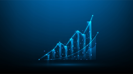 business graph growth digital marketing.rising stock chart on blue dark background. investment achievement successful. arrow income economy increase. vector illustration fantastic hi tech design.