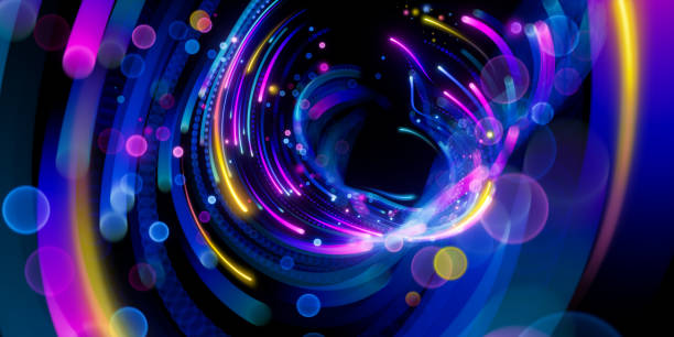 istock 3d render. Digital wallpaper, abstract neon background, pink blue yellow colorful glowing lines 1447956987