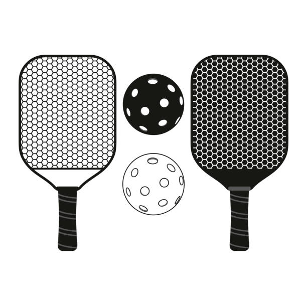 Pickle ball racket black and white Pinckle ball vector illustration with paddle and text. Illustration for logo creation or for tshirts design. Vintage black and white illustration pickleball stock illustrations
