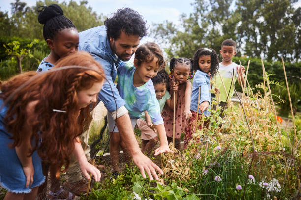 istock Teacher and young students looking at plants during a community garden field trip 1447957076