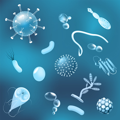 bacteria, fungi and viruses with glowing effect. pattern of Dangerous pathogen. Microbes, microorganisms and other parasites. illness or disease. Vector background