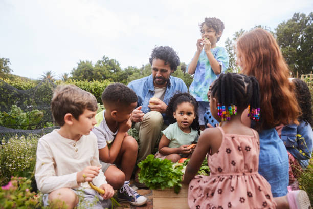 istock Teacher and students snacking on vegetables during a community garden field trip 1447957182