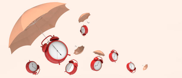 istock Alarm clock and umbrella with different business leadership ideas to solve problems. - Time concept with plan of teamwork and punctuality on orange background. copy space, digital -3d Rendering 1447957215