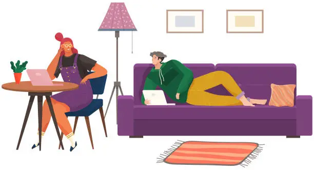 Vector illustration of Young man and woman are sitting on couch. Daily family life, common rest, spending time together