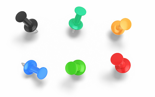 3d Render Push Pins Multi Colored on White Background Clipping path, Can be used for reminder and note paper concept. (İsolated on white and Clipping path)