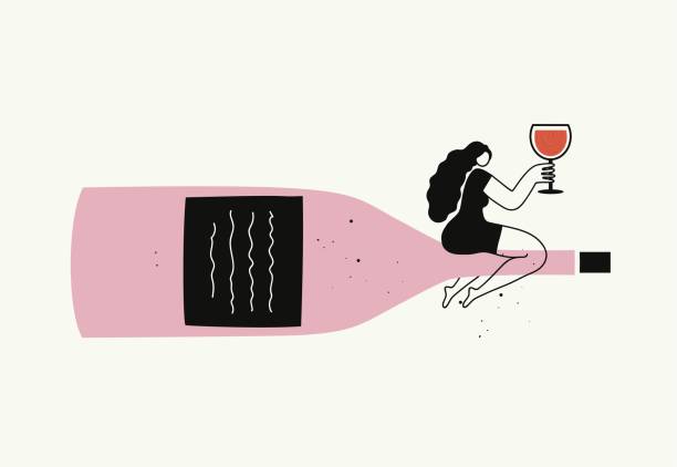 ilustrações, clipart, desenhos animados e ícones de ilustração vetorial com mulheres sentadas na garrafa de vinho rosa com taça de vinho. - champagne flute wine isolated wineglass