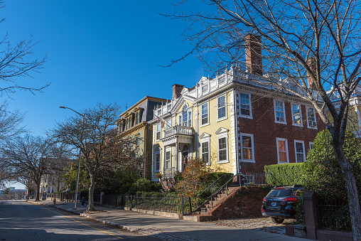 Providence, Rhode Island, USA- November 22, 2022: Old and traditional buildings that function as student residences in the surroundings of Brown University. Brown University, a private Ivy League university founded in 1764, is the seventh-oldest institution of higher learning in the United States and currently enrolls more than 8,000 students.