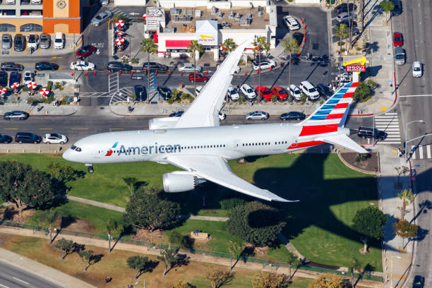 American Airlines Boeing 787-8 Dreamliner airplane at Los Angeles airport in the United States aerial view stock photo