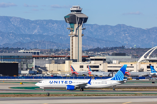 Los Angeles, United States - November 3, 2022: United Boeing 737 MAX 9 airplane at Los Angeles airport (LAX) in the United States.