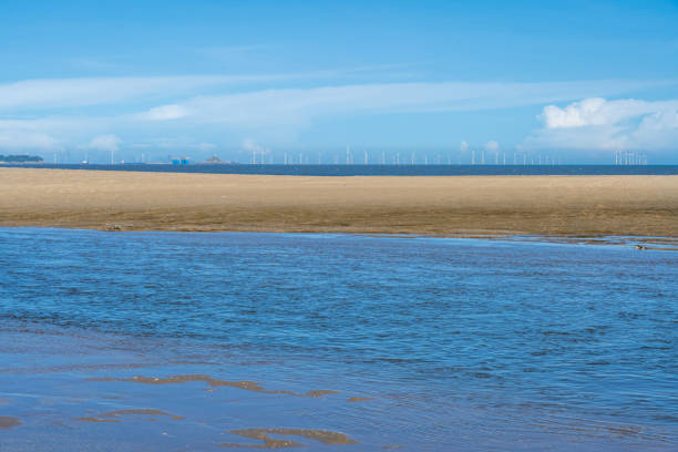 Beach under blue sky and white clouds and wind turbine cluster at sea