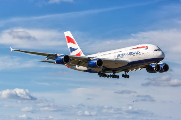 British Airways Airbus A380-800 airplane at Miami airport in the United States Miami, United States - November 15, 2022: British Airways Airbus A380-800 airplane at Miami airport (MIA) in the United States. british airways stock pictures, royalty-free photos & images