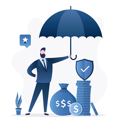 Salesman manager holds umbrella, money under protection. Insurance, business solution. Businessman saving money for a rainy day. Bank deposit protection. Retirement savings. Flat vector illustration