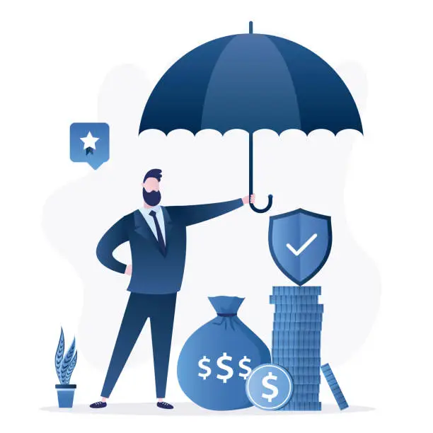 Vector illustration of Salesman manager holds umbrella, money under protection. Insurance, business solution. Businessman saving money for a rainy day. Bank deposit protection. Retirement savings.