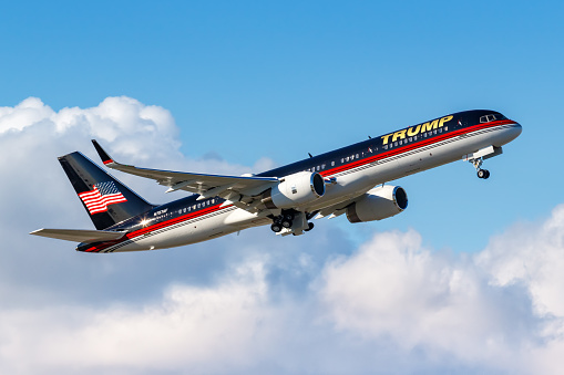 West Palm Beach, United States - November 13, 2022: Boeing 757-200 airplane of Donald Trump at Palm Beach airport (PBI) in the United States.