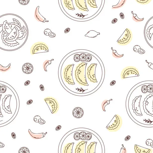 Vector illustration of Seamless pattern with Mexican Empanadas with on white background. Vector illustration latin american food in linear doodle style for wallpaper, packaging, textile